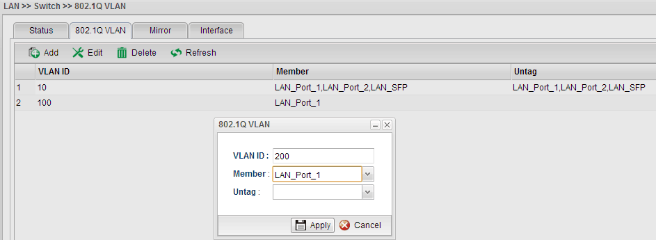 a screenshot of Vigor3900 802.1Q VLAN settings